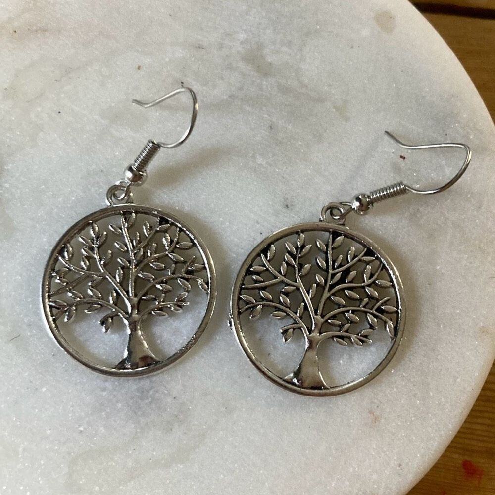 Drop dangle hoop Earrings silver tree